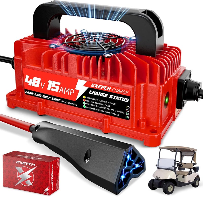 EXEFCH 48 Volt Golf Cart Charger with 3 Pin Triangular Plug for EZGO RXV TXT Only for Lead Acid Battery - Image 1